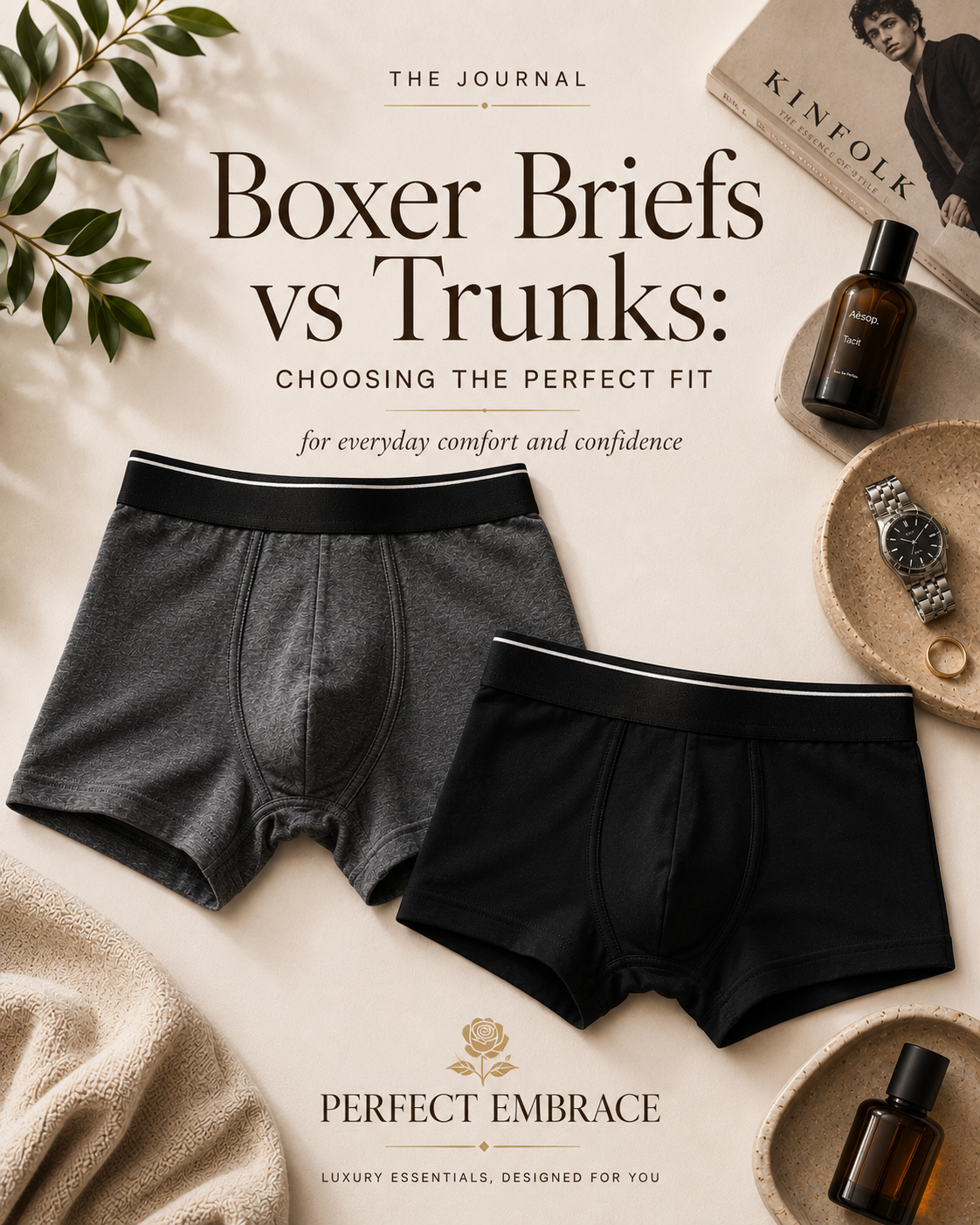 Luxury editorial flat lay comparing premium men's boxer briefs and trunks on a warm neutral background with fragrance, watch and lifestyle accessories, styled for The Journal by Perfect Embrace.