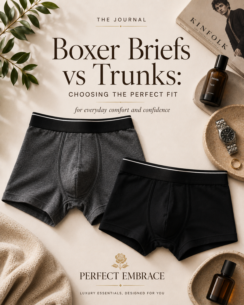 Luxury editorial flat lay comparing premium men's boxer briefs and trunks on a warm neutral background with fragrance, watch and lifestyle accessories, styled for The Journal by Perfect Embrace.