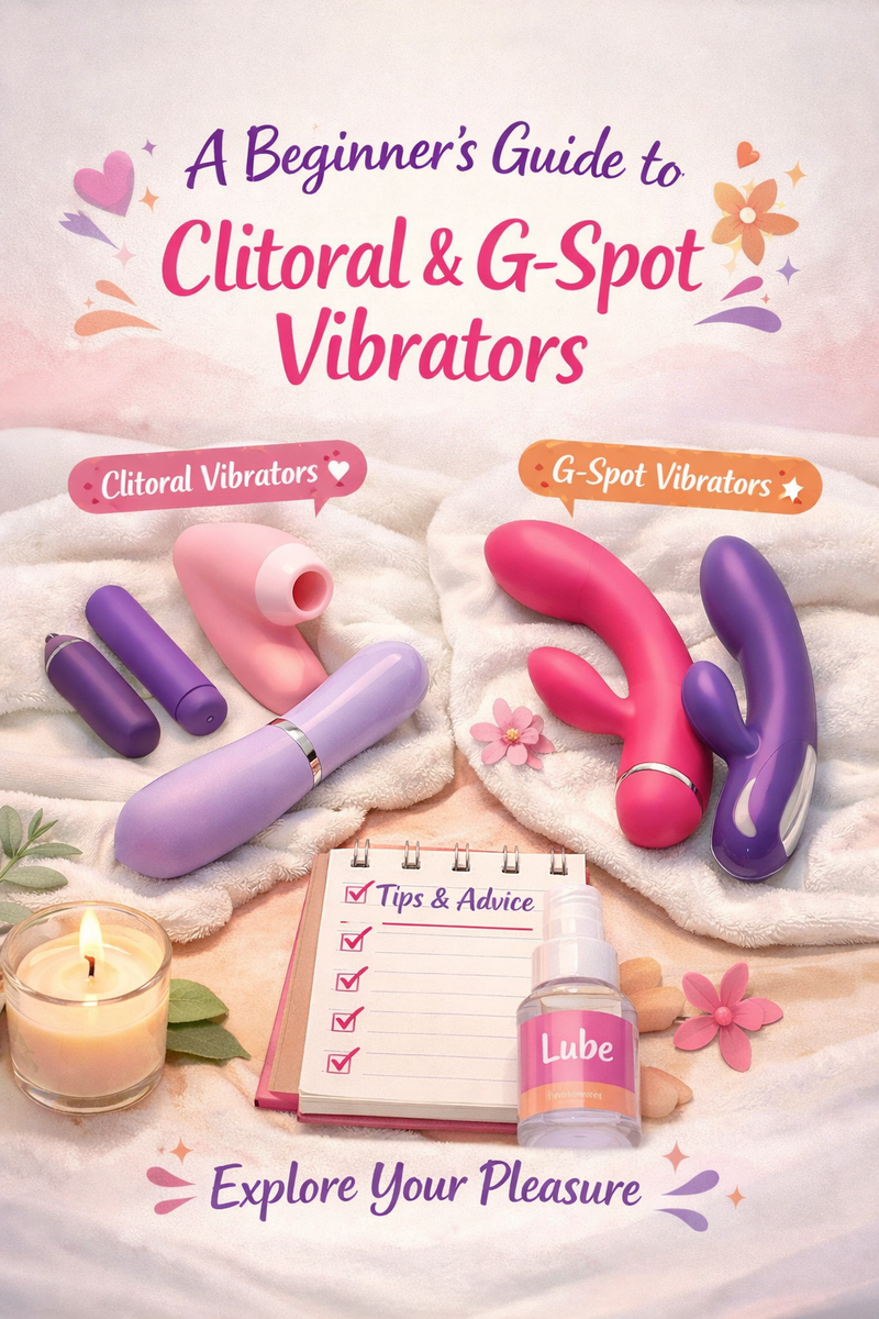 its an image of clitoral and g-spot vibrators lying on soft material with the headline a beginners guide to clitoral & g-spot vibrators