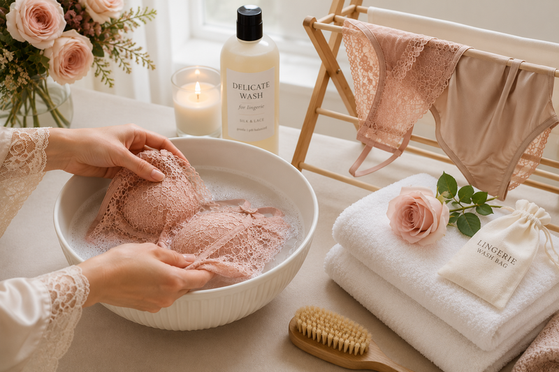 Hands gently hand-washing blush lace lingerie in a ceramic basin with delicate detergent, folded towels and a wooden drying rack in a bright, elegant laundry setting.