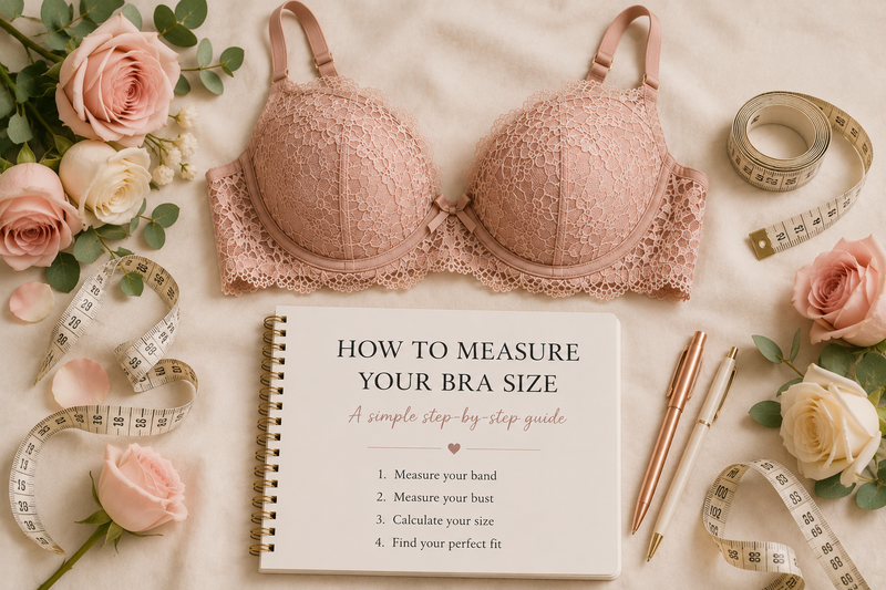 Blush lace bra displayed above a bra measurement guide with measuring tapes, roses and pens on a soft cream background.