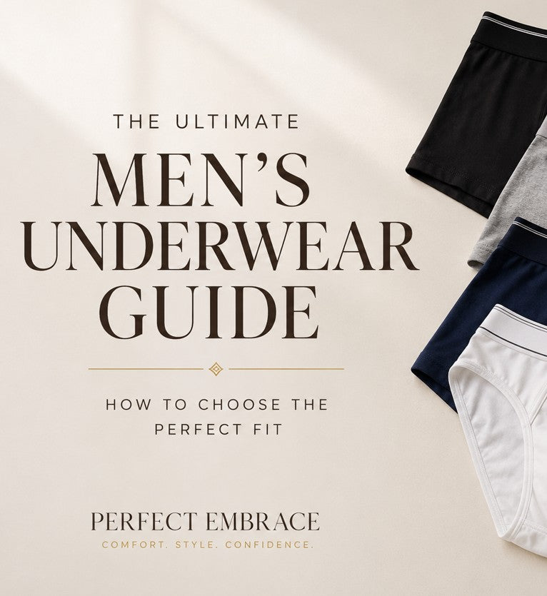 Luxury editorial image for The Ultimate Men's Underwear Guide featuring premium men's boxer briefs, trunks and briefs in neutral tones on a soft cream background.