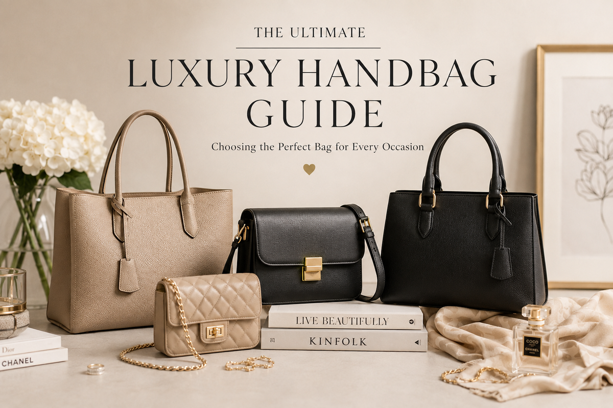 Luxury handbags beautifully arranged on a neutral background with elegant accessories, showcasing timeless styles curated by Perfect Embrace.