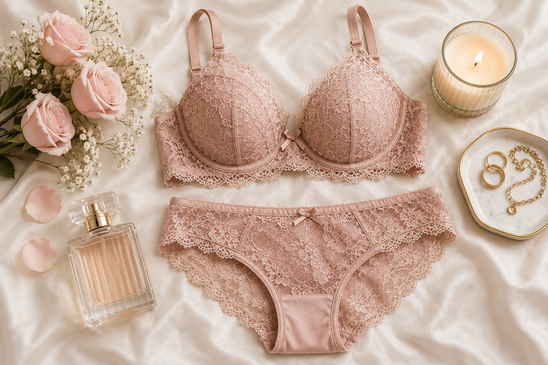 Luxury blush lace lingerie set displayed on soft ivory fabric with roses, perfume, candle and jewellery, representing elegance, comfort and timeless style.