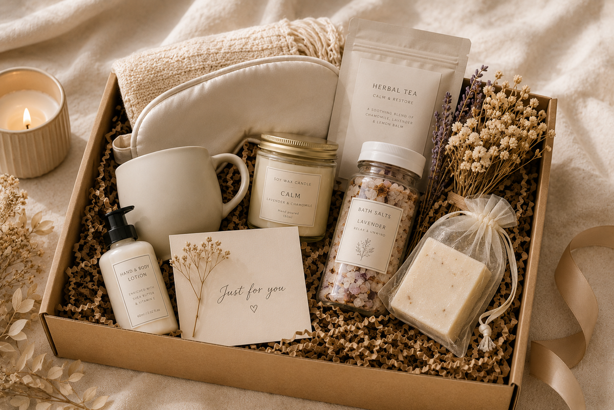 Luxury gift box with premium self-care products including a candle, herbal tea, bath salts, skincare and wellness essentials, styled in a sophisticated editorial setting.
