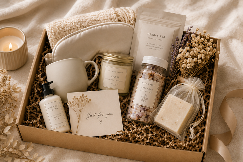 Luxury gift box with premium self-care products including a candle, herbal tea, bath salts, skincare and wellness essentials, styled in a sophisticated editorial setting.