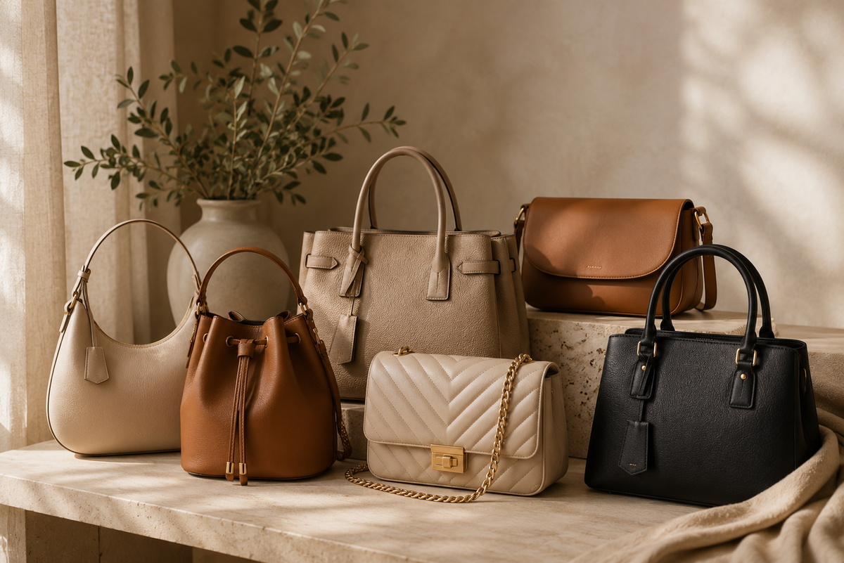 Luxury women's handbags in neutral colours including tote bags, crossbody bags and shoulder bags styled in an elegant editorial setting.