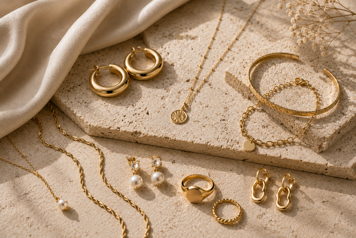 Luxury women's jewellery collection featuring elegant gold earrings, necklaces, bracelets and rings styled in a premium editorial setting.