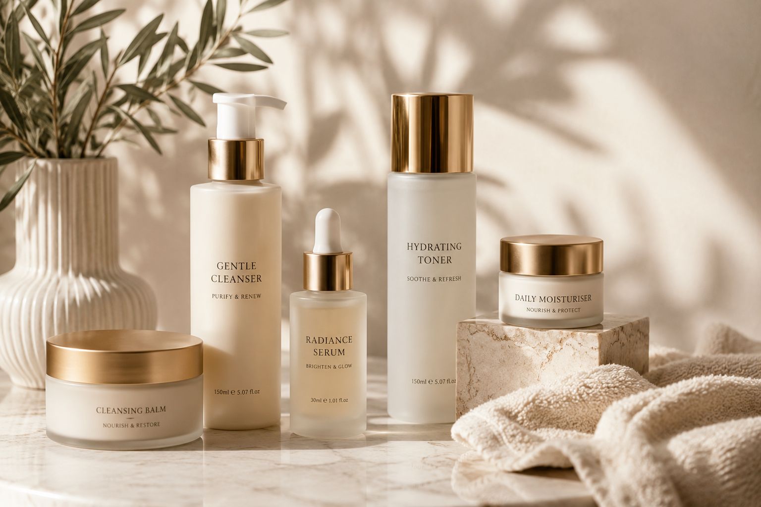 Luxury skincare collection featuring premium cleansers, serums, moisturisers and skincare essentials styled in a calming spa-inspired setting with elegant neutral tones.