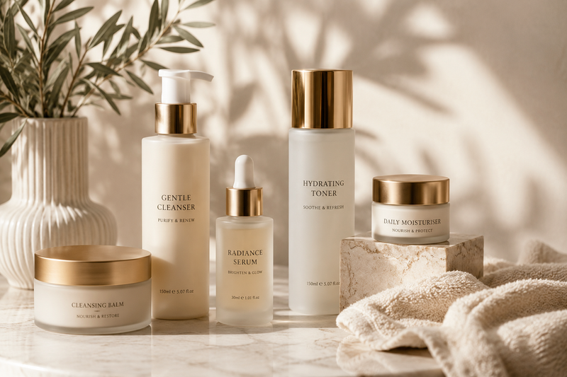 Luxury skincare collection featuring premium cleansers, serums, moisturisers and skincare essentials styled in a calming spa-inspired setting with elegant neutral tones.