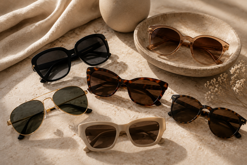 Luxury women's sunglasses in timeless oversized and classic styles displayed in an elegant neutral editorial setting.