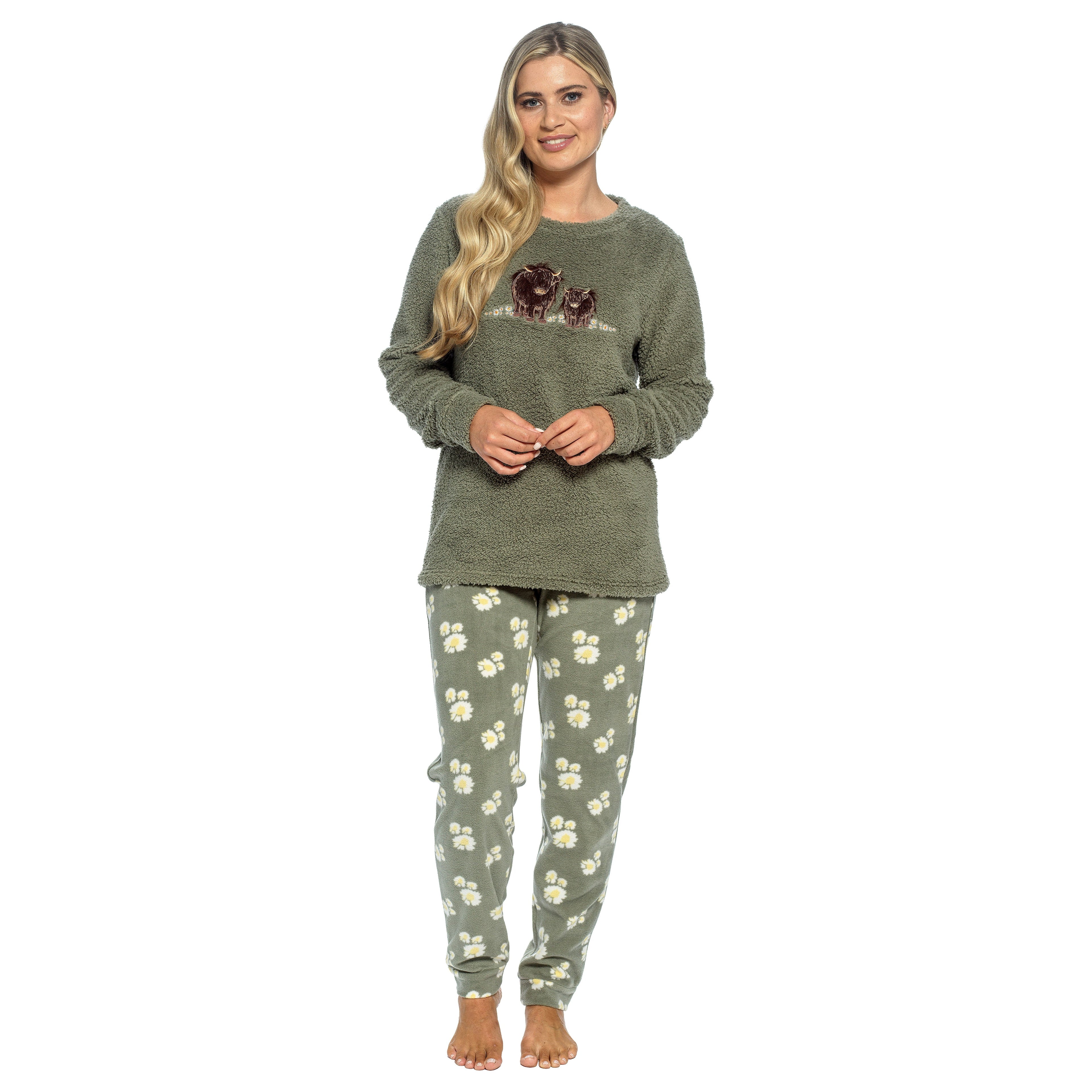 Daisy Dreamer Womens Highland Cow Print Cotton Jersey Pyjama Set Long Sleeve Lounge Wear