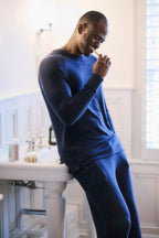 Mens Navy Ribbed Long Sleeve Top and Bottoms Set