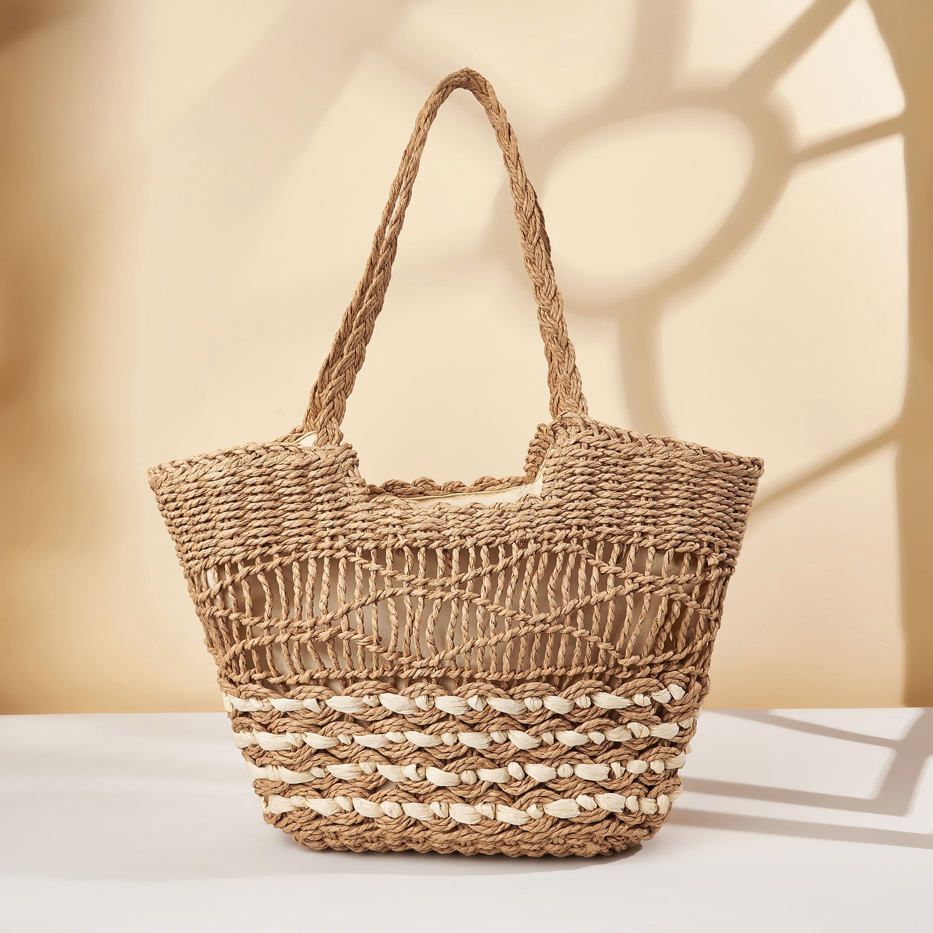 Hollow Pattern Straw Handbag Beach Shoulder Woven Bag