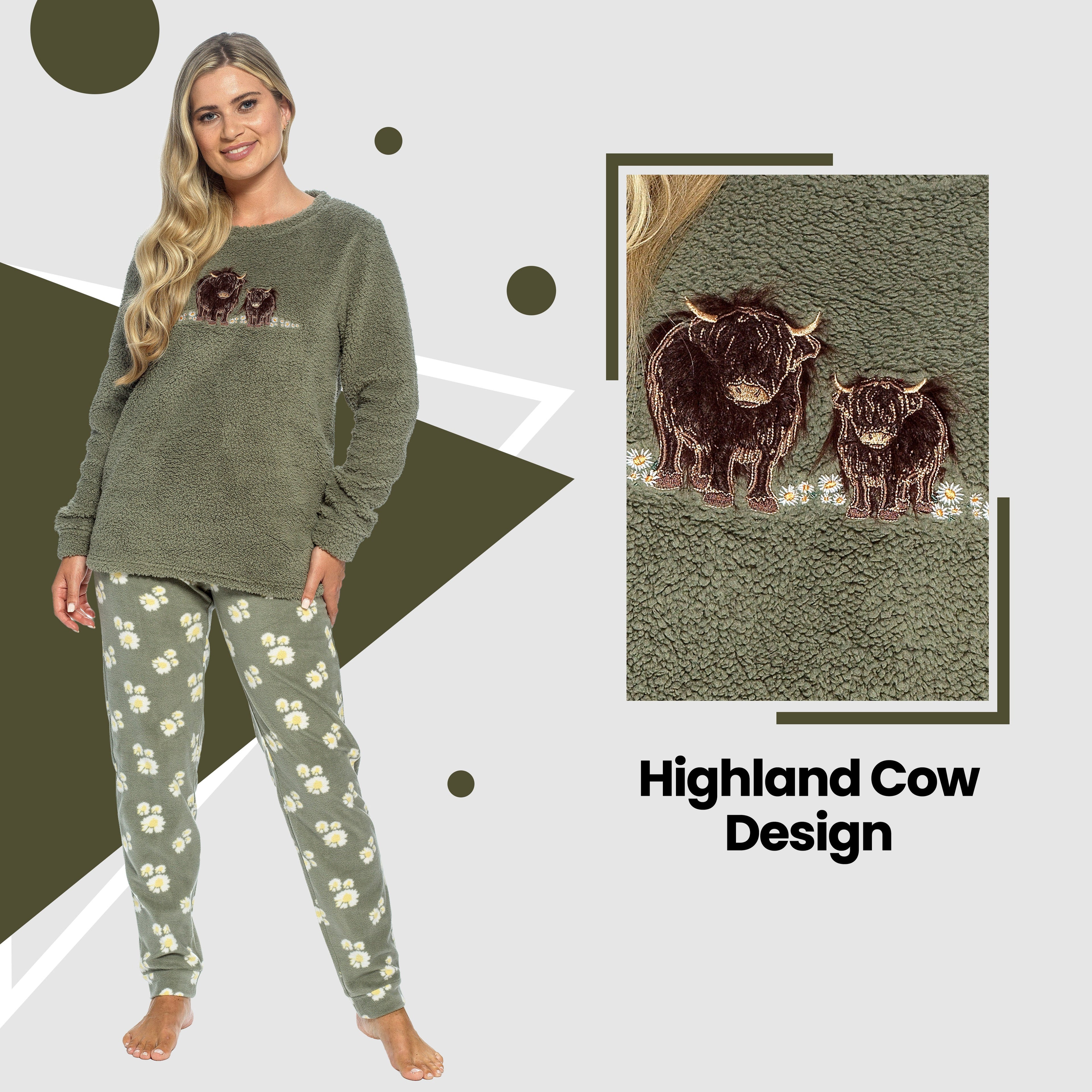 Daisy Dreamer Womens Highland Cow Print Cotton Jersey Pyjama Set Long Sleeve Lounge Wear
