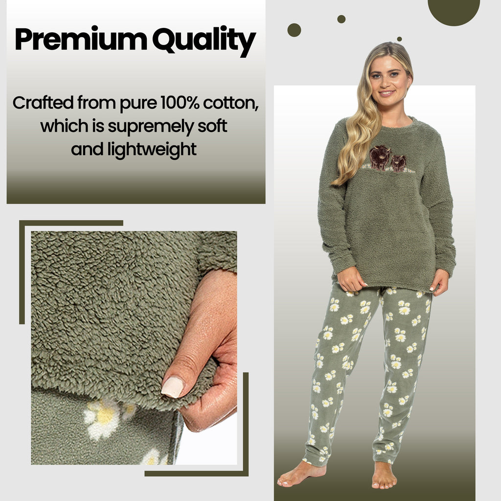 Daisy Dreamer Womens Highland Cow Print Cotton Jersey Pyjama Set Long Sleeve Lounge Wear