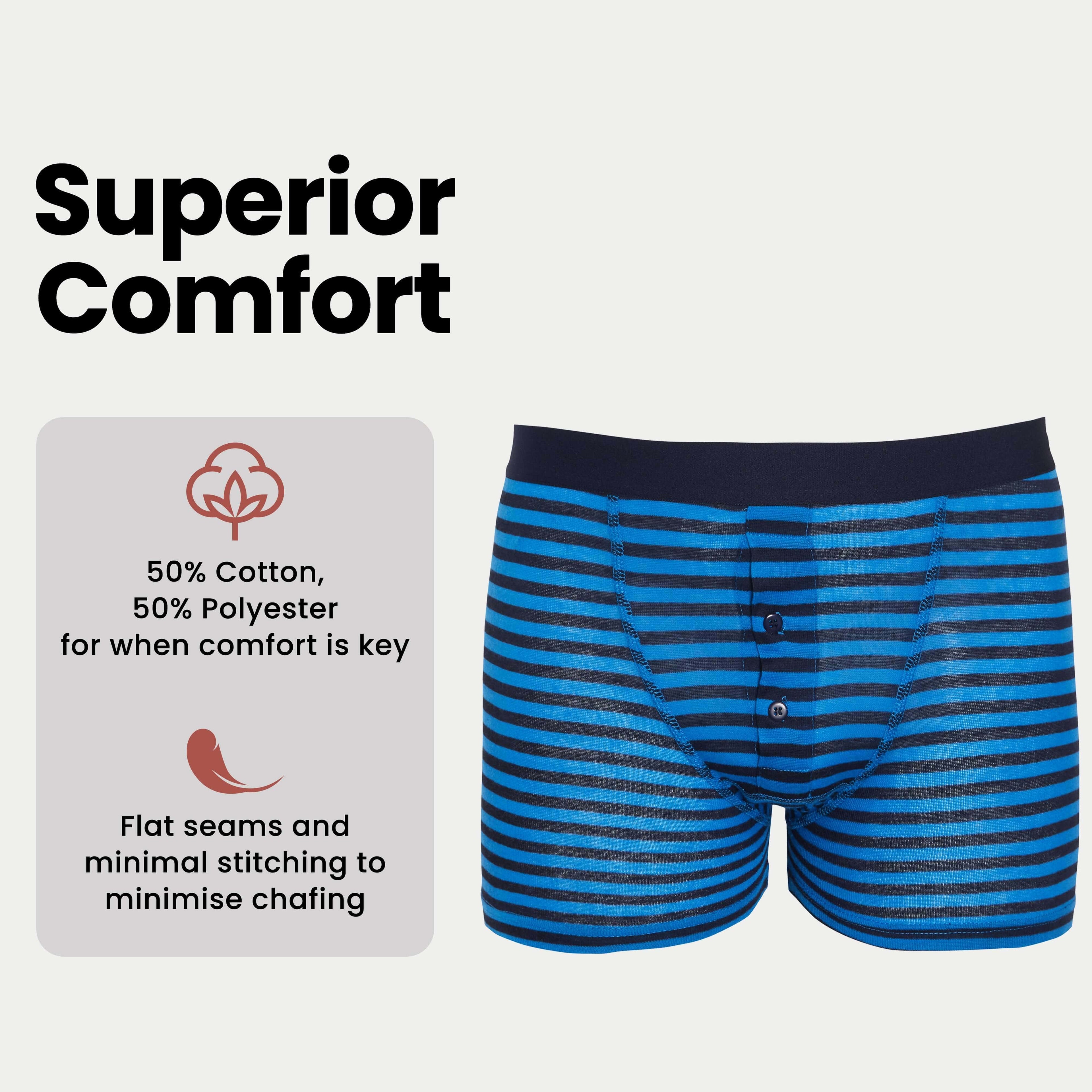 Sock Stack 6 Pack Mens Blue Navy Stripe Cotton Stretch Boxer Shorts Breathable Everyday Cotton Rich Multipack