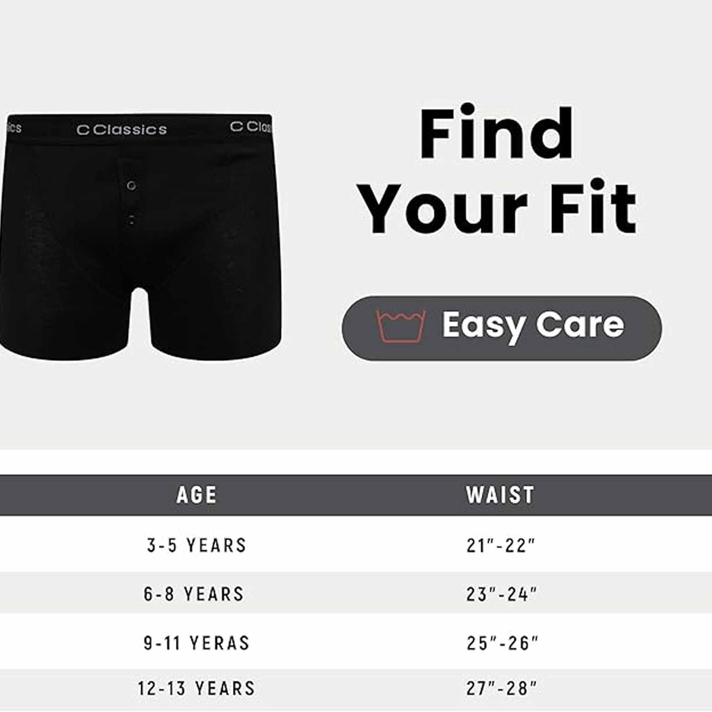 Sock Stack Boys Boxer Shorts 6 Pack Black Cotton Rich Moisture Wicking With Button Fly