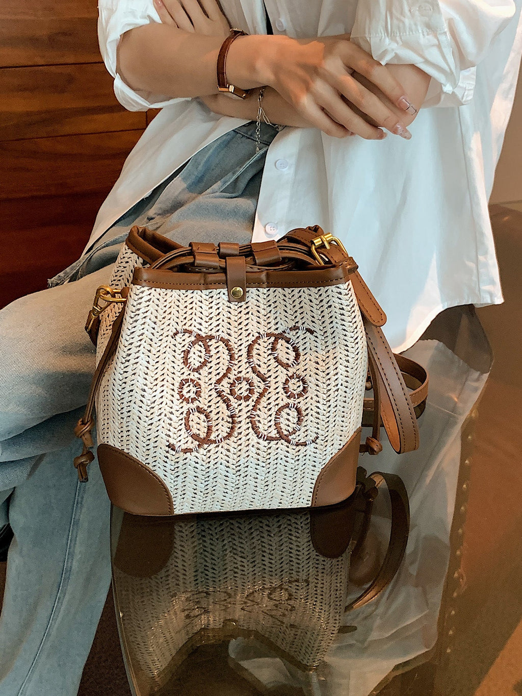 Women's Straw Seaside Vacation Beach Woven Bucket Bag