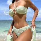 3pcs Solid Color Stripe Swimsuit Sexy Summer Beach Bikini Set Womens Clothing