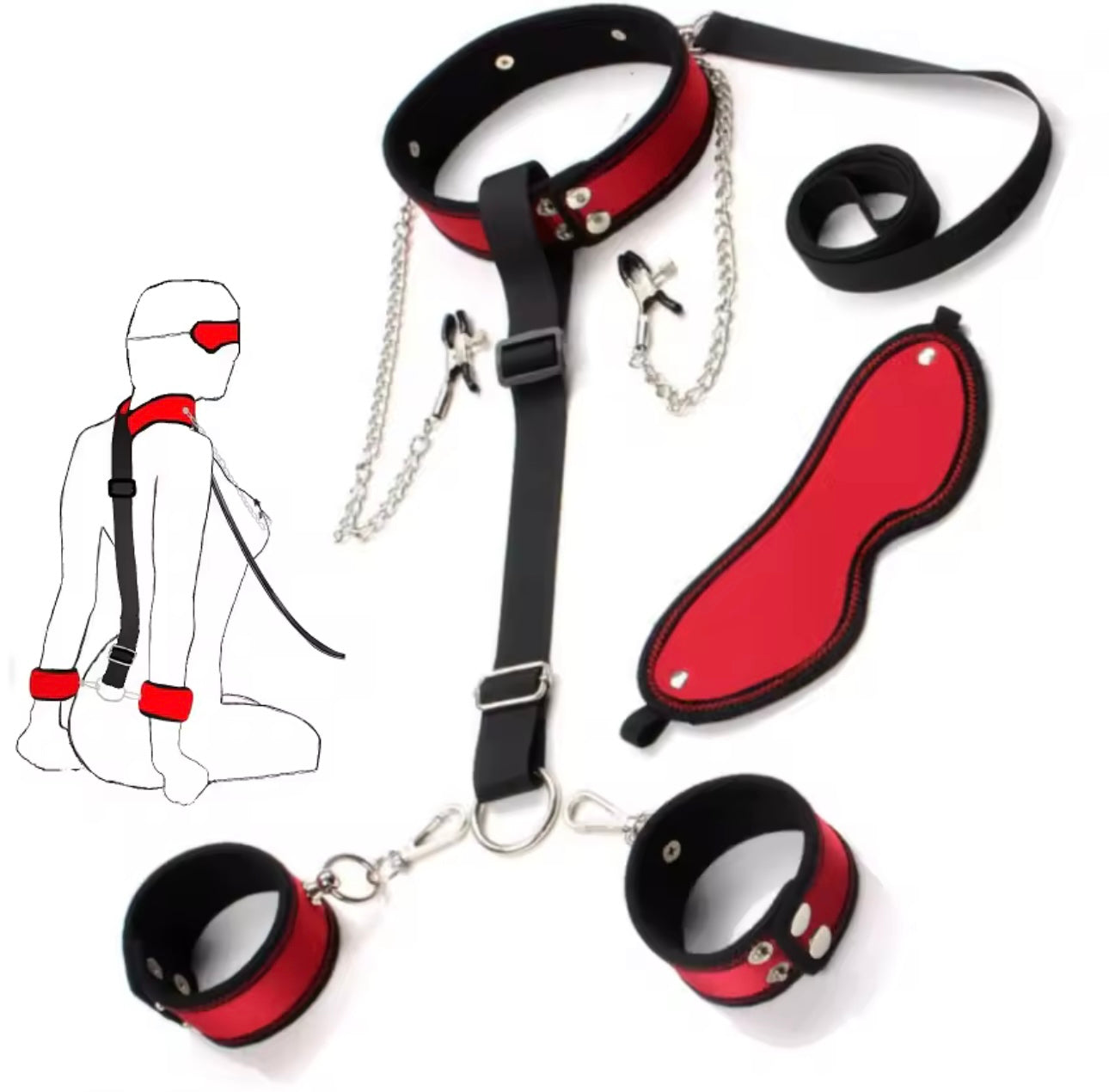 Behind back collar body restraints and hand cuffs