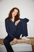 Navy Oversized Retro Ribbed Soft Modal Hero Shirt and Wide Leg Jogger Set