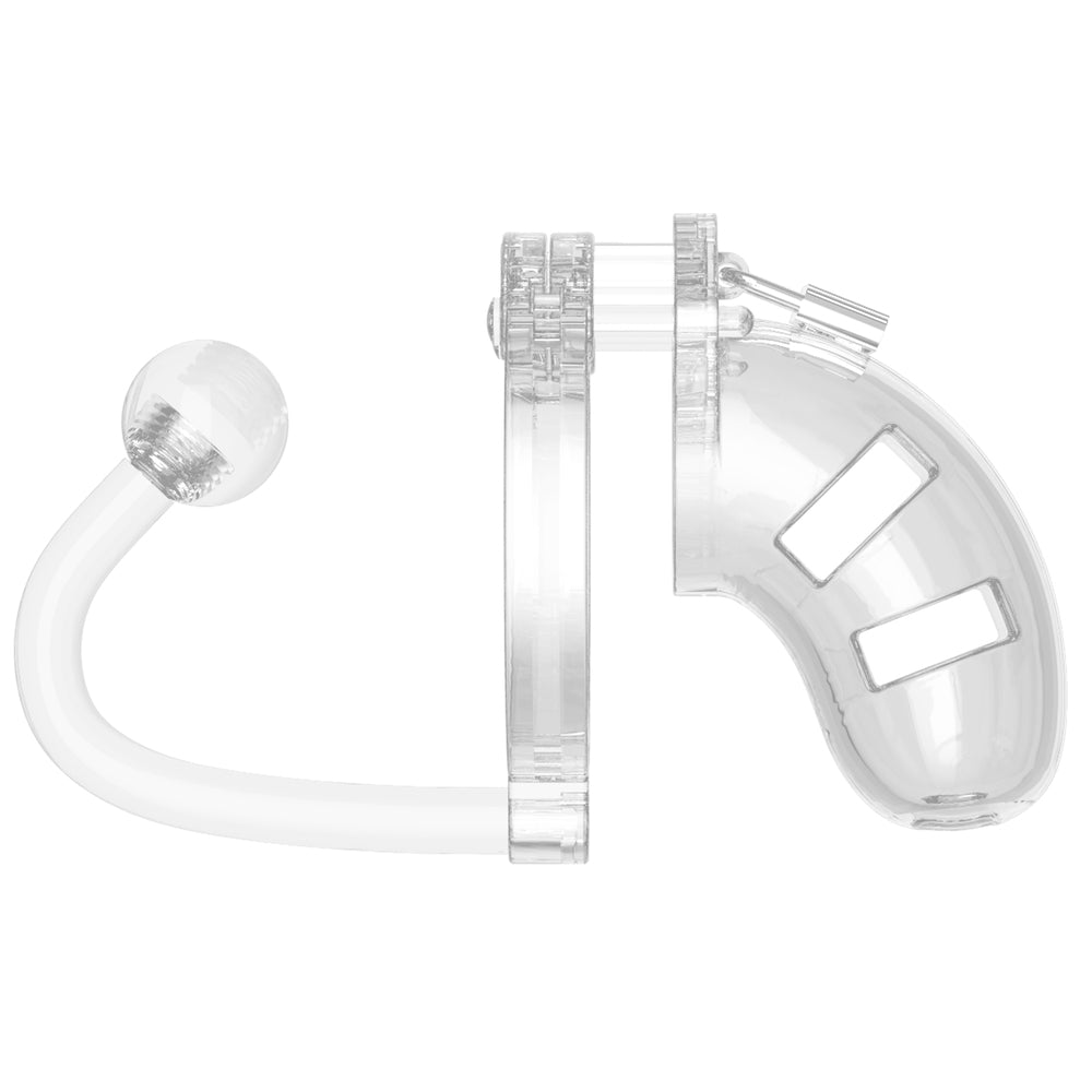 Jaula de castidad transparente para hombre de 3,5 pulgadas con tapón anal.