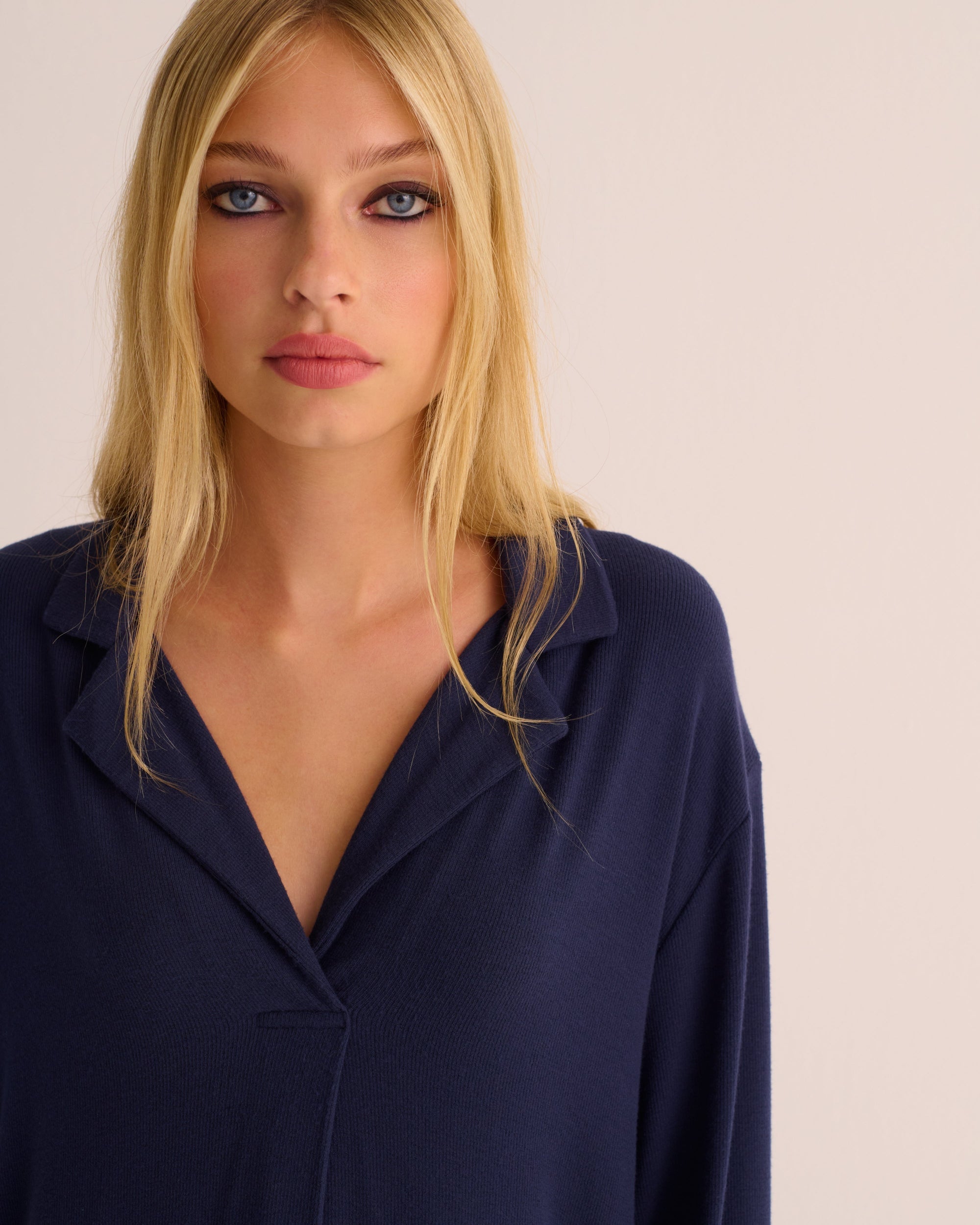Navy Oversized Retro Ribbed Soft Modal Hero Shirt and Wide Leg Jogger Set