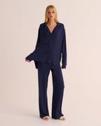 Navy Oversized Retro Ribbed Soft Modal Hero Shirt and Wide Leg Jogger Set