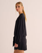 Black Washable Organic Stretch Silk Tie-Waist Sweatshirt