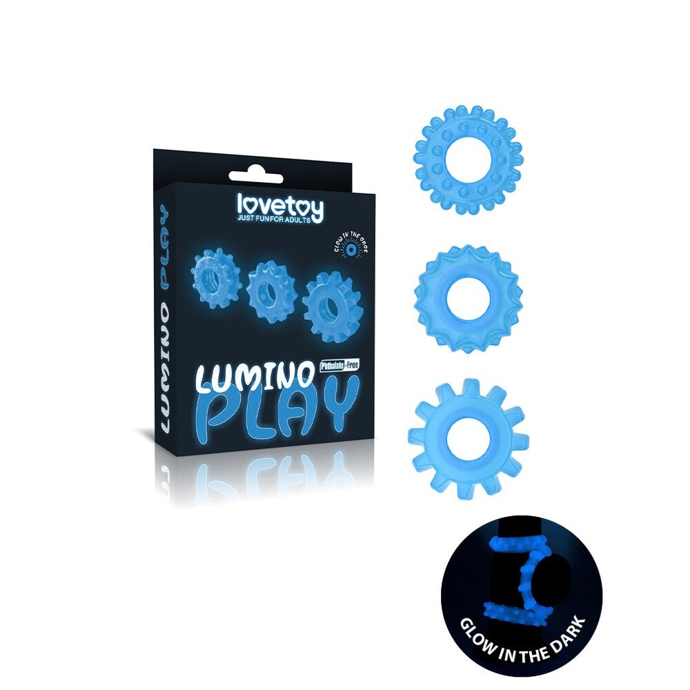 Anillos para el pene Lumino Play que brillan en la oscuridad de Lovetoy (3 unidades)