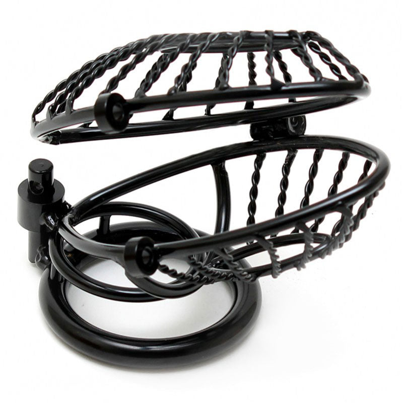 Dispositivo de castidad masculino de metal con apertura y dos candados.