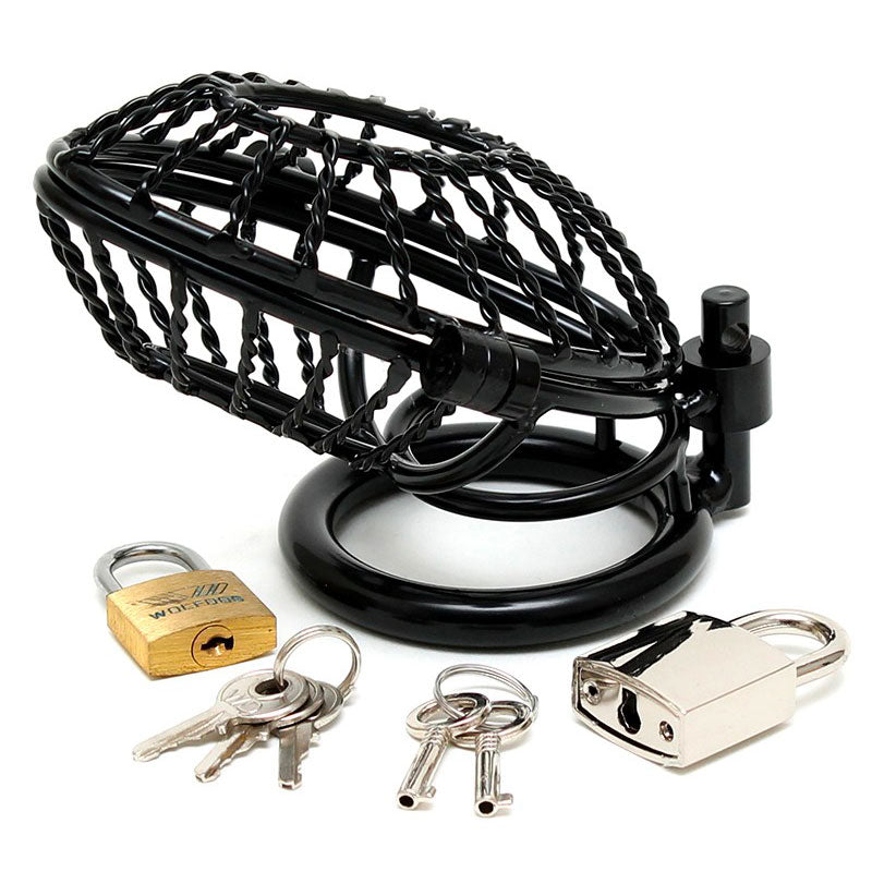 Dispositivo de castidad masculino de metal con apertura y dos candados.