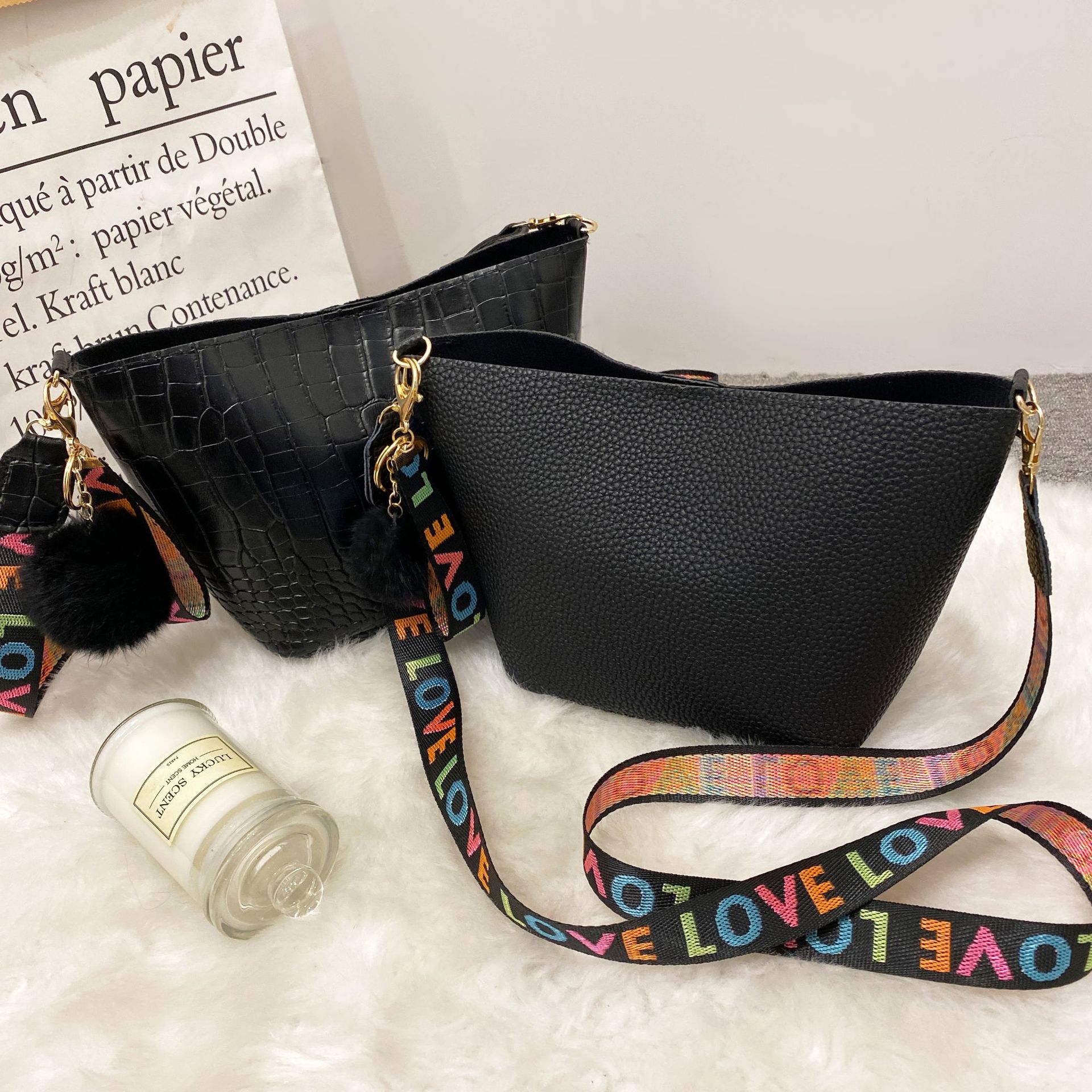 Printing Shoulder Girdle Women's Bucket Bag Lychee Pattern