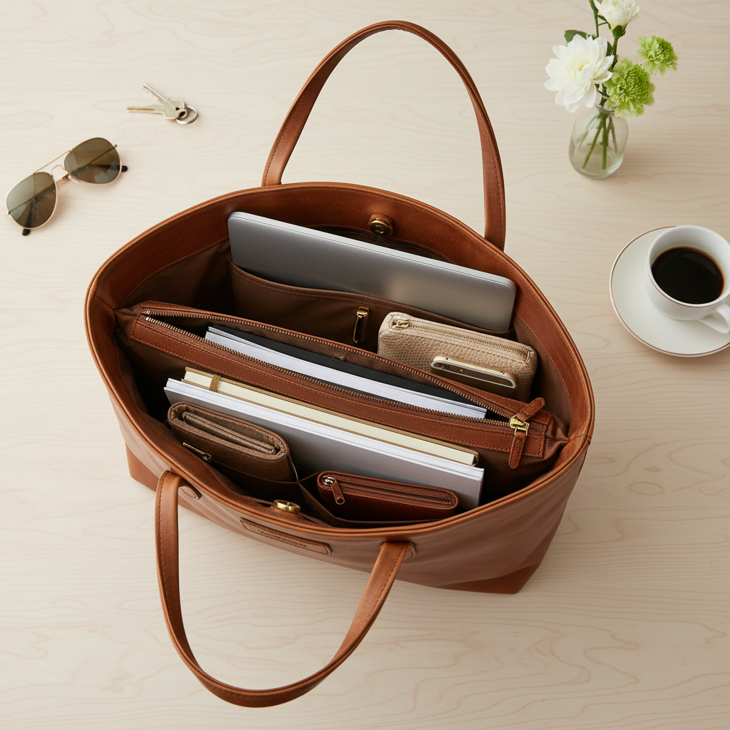 Women's Large Leather Tote Bag | 3 Compartment Work Bag