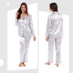 Daisy Dreamer Womens Satin Silk Pyjama Set Long Sleeve Dress Shirt Collar Loose Fit Pants