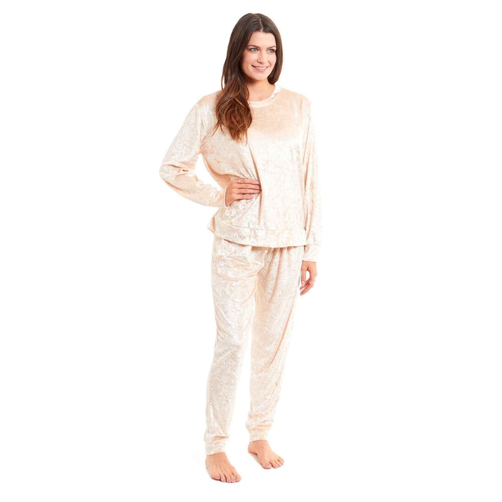 Daisy Dreamer Women's Crushed Velvet Pyjama Set Soft Loungewear Easy Care Easy-Care Cotton Rich Sleep Set