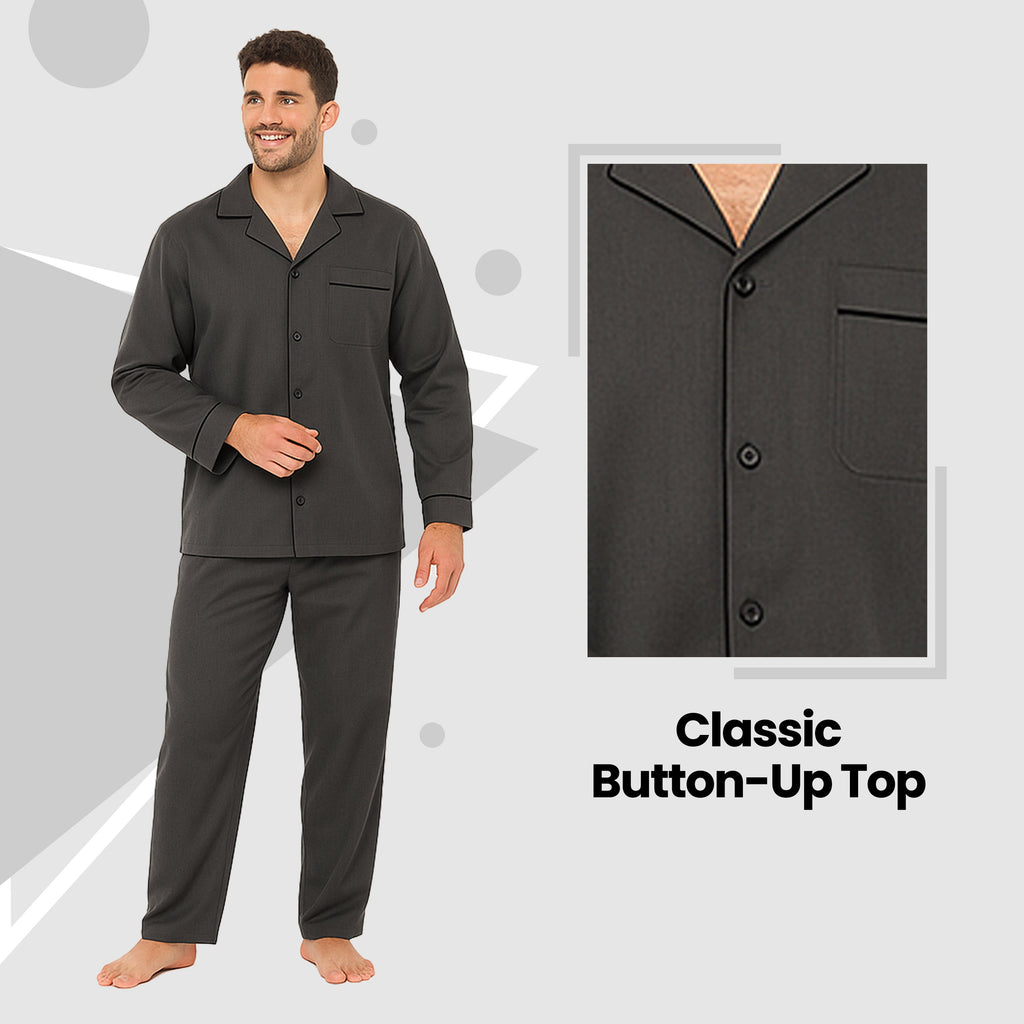 Sock Stack Men's Classic Charcoal Woven Pyjama Set Long Sleeve Button Top And Full Length
