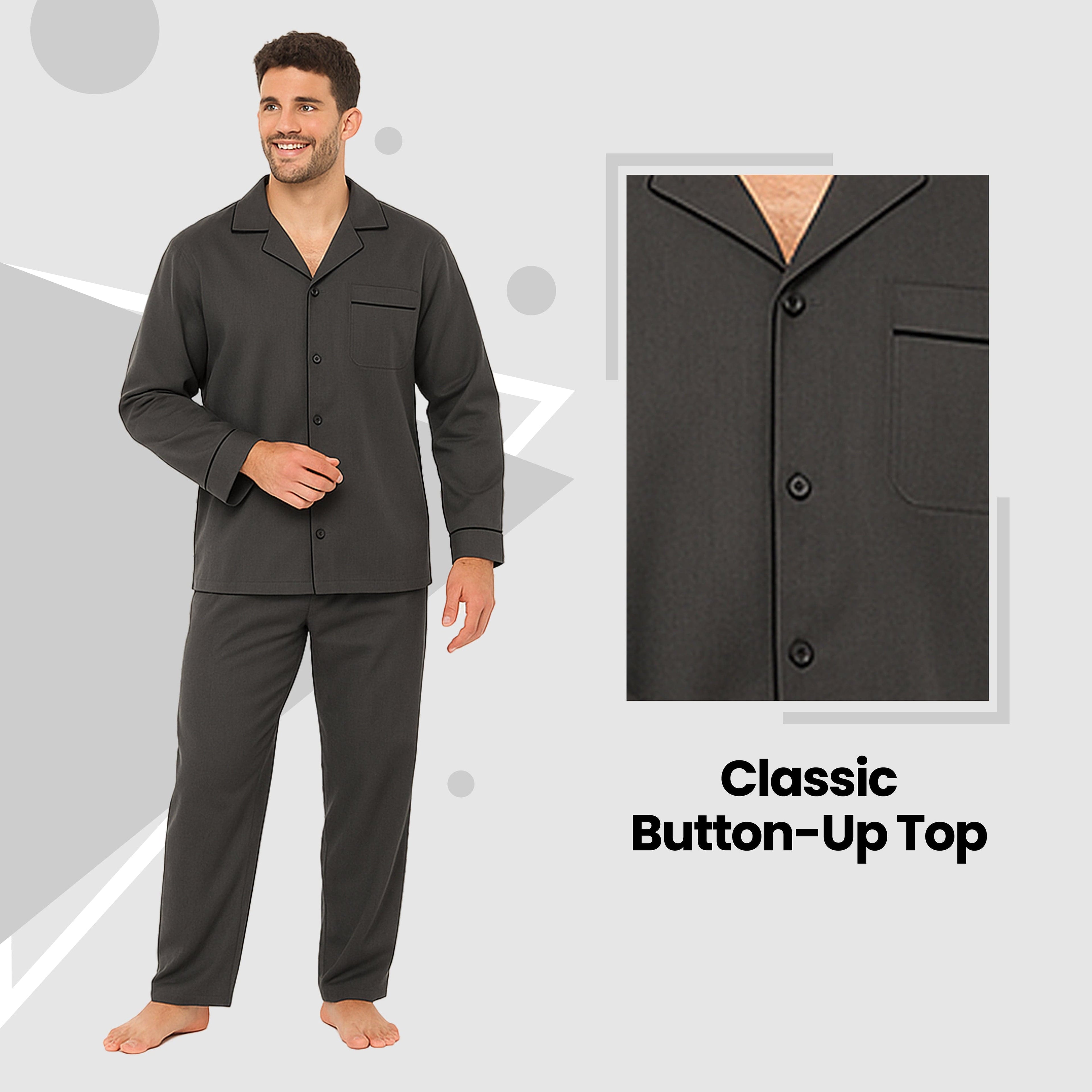 Sock Stack Men's Classic Charcoal Woven Pyjama Set Long Sleeve Button Top And Full Length