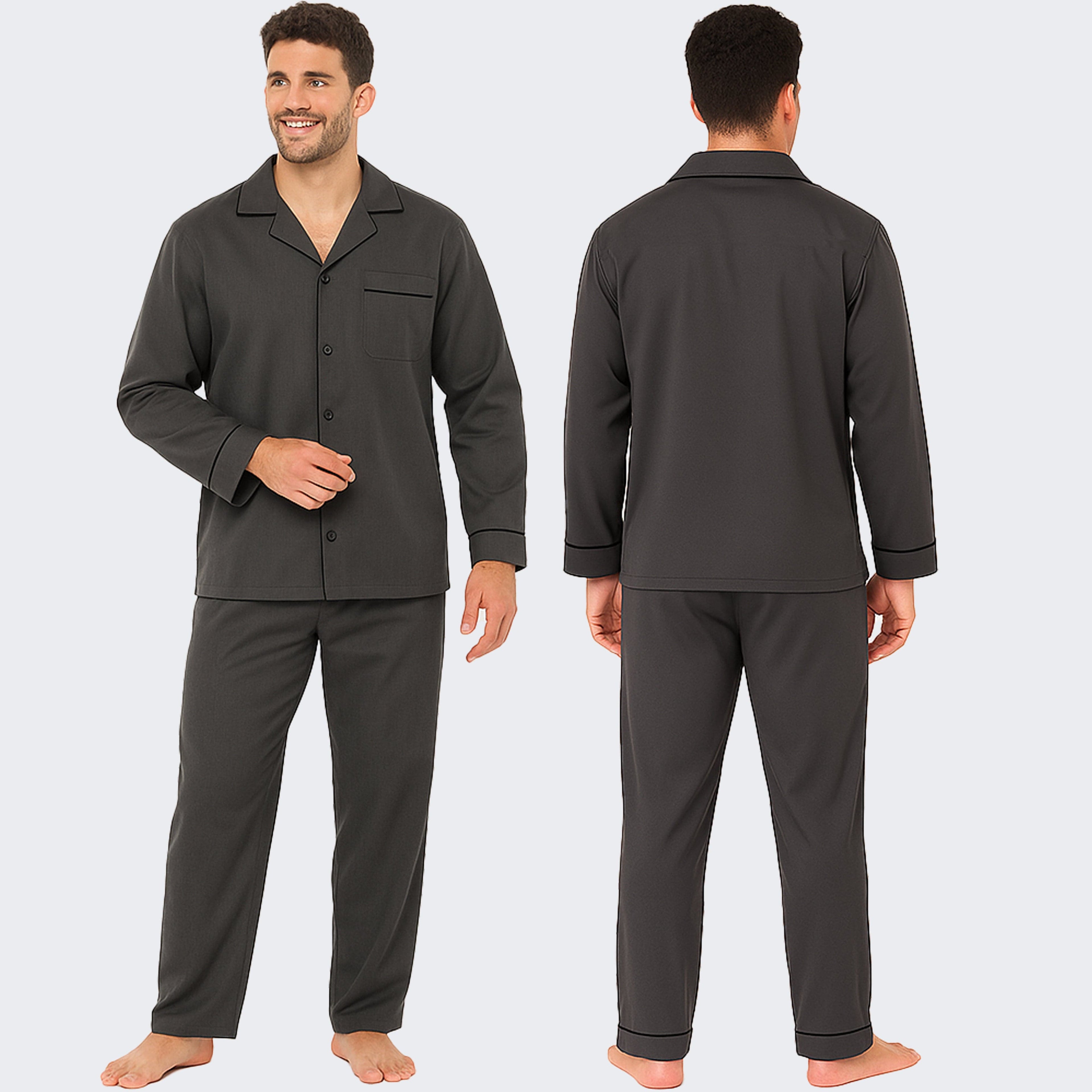 Sock Stack Men's Classic Charcoal Woven Pyjama Set Long Sleeve Button Top And Full Length