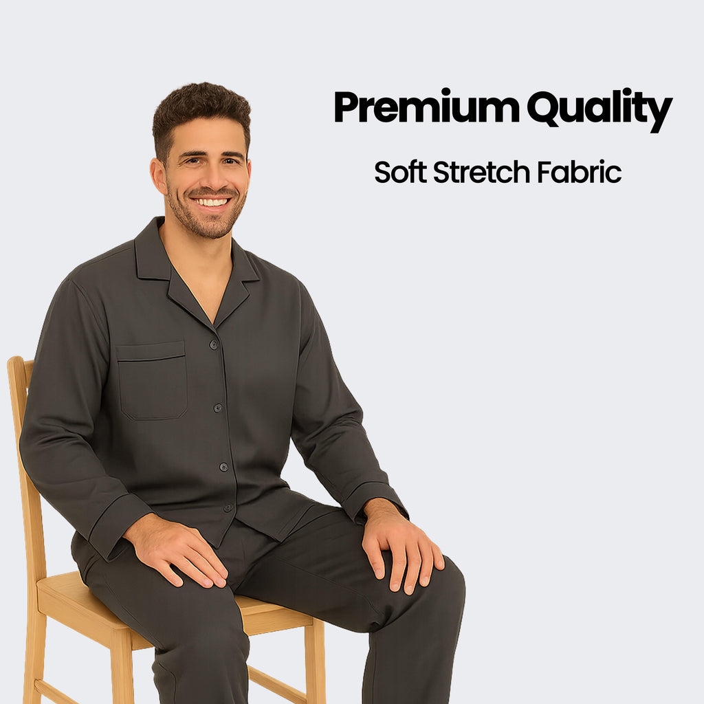 Sock Stack Men's Classic Charcoal Woven Pyjama Set Long Sleeve Button Top And Full Length