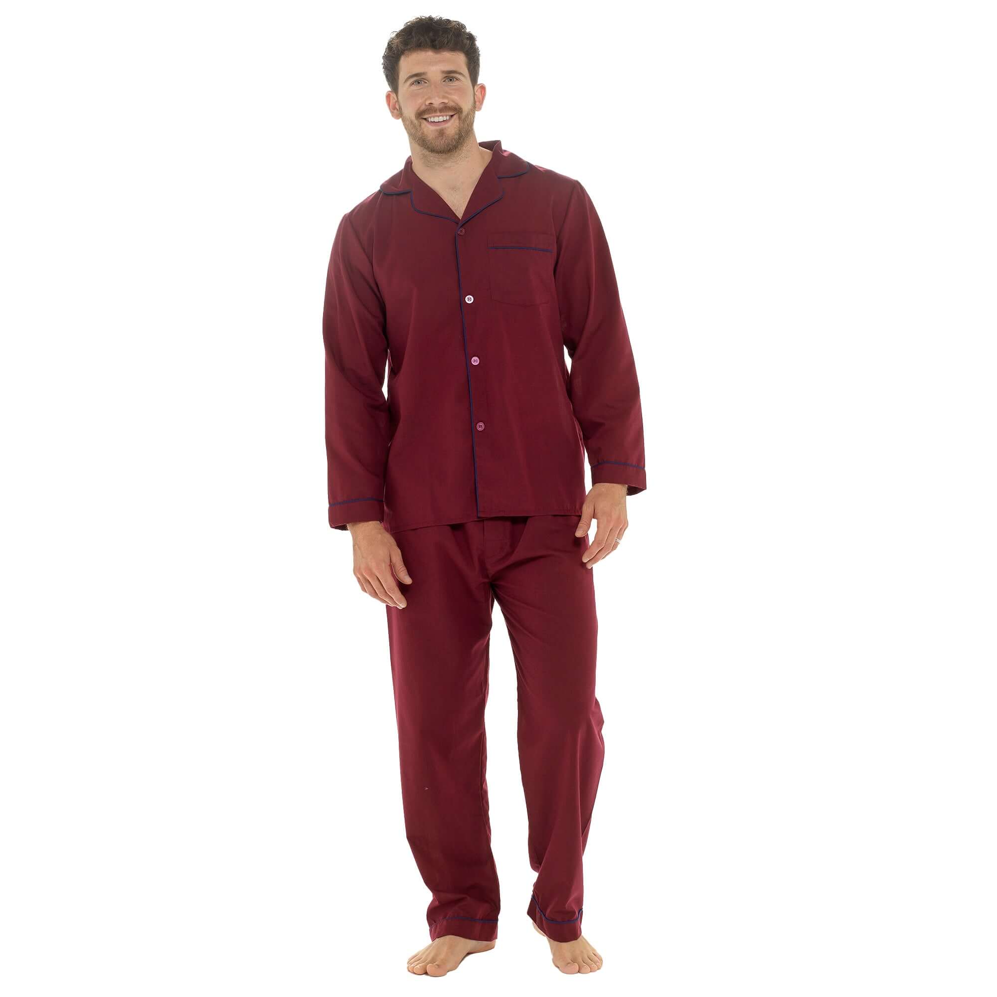 Sock Stack Men's Red Woven Pyjama Set Long Sleeve Button Top And Full-Length Bottoms