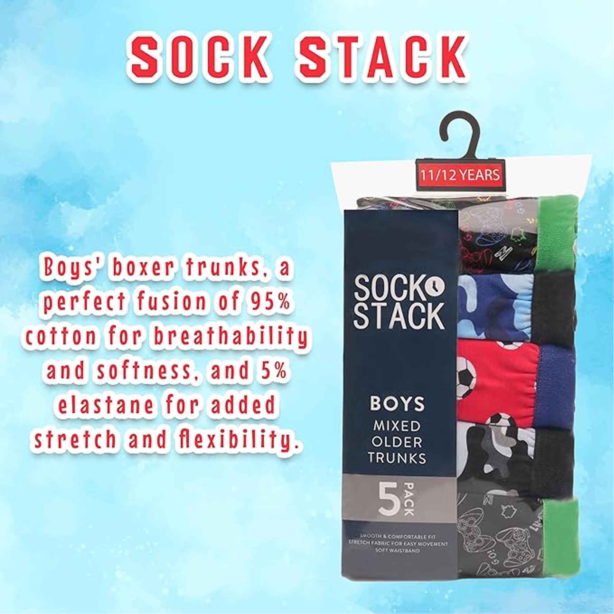 Sock Stack Pack Of 5 Boys Boxer Shorts Cotton Rich Football Army Gamer Designs Elastic