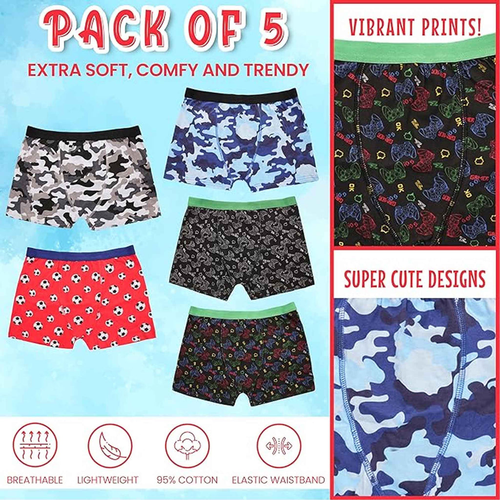 Sock Stack Pack Of 5 Boys Boxer Shorts Cotton Rich Football Army Gamer Designs Elastic
