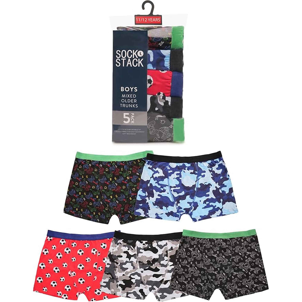 Sock Stack Pack Of 5 Boys Boxer Shorts Cotton Rich Football Army Gamer Designs Elastic