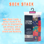 Sock Stack Pack Of 5 Boys Boxer Shorts For Kids Fun Prints Elastic Waistband Everyday Cotton Rich Multipack