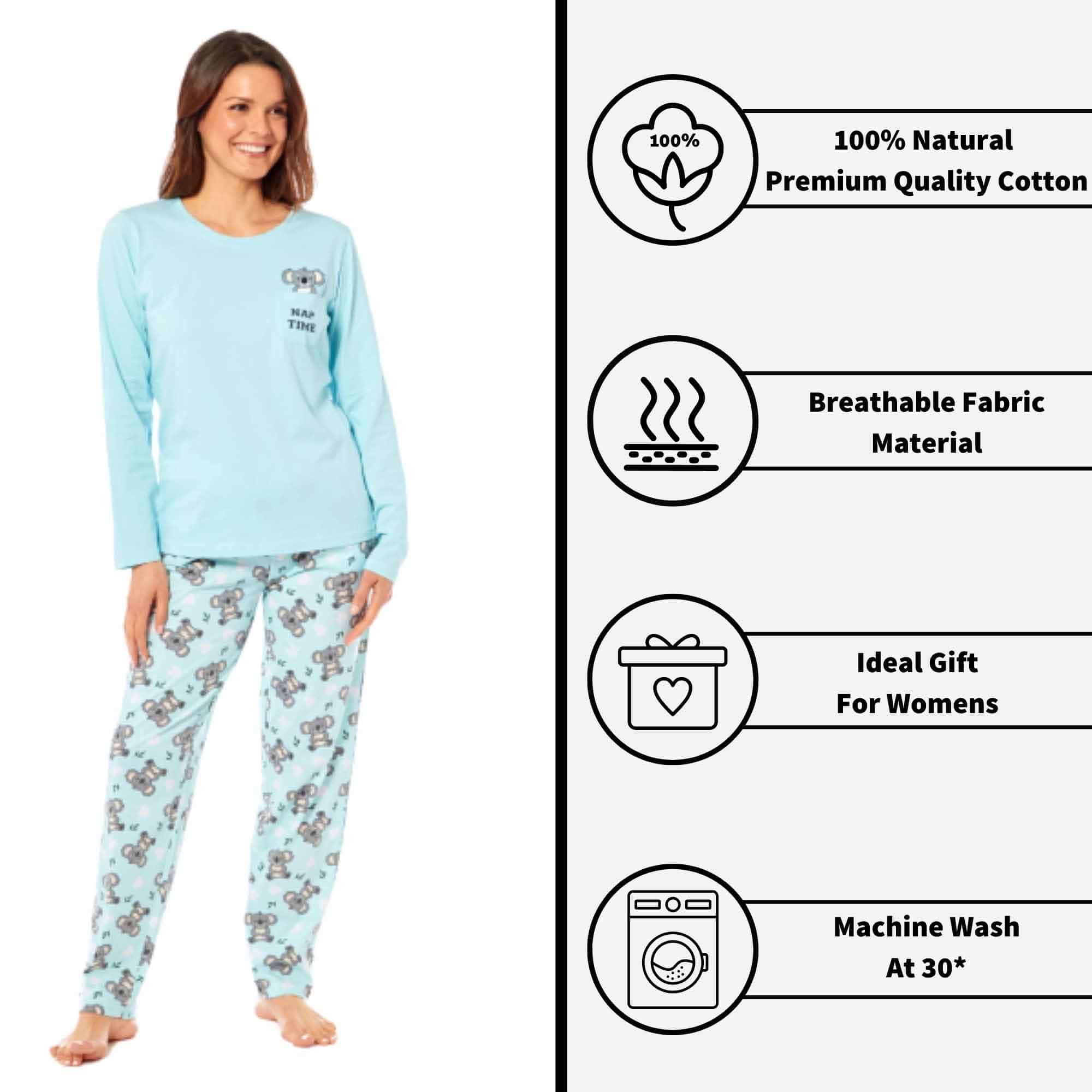 Daisy Dreamer Women's Koala Bear Print Pyjama Set 100% Cotton Easy Care Super Soft Cosy Sleepwear