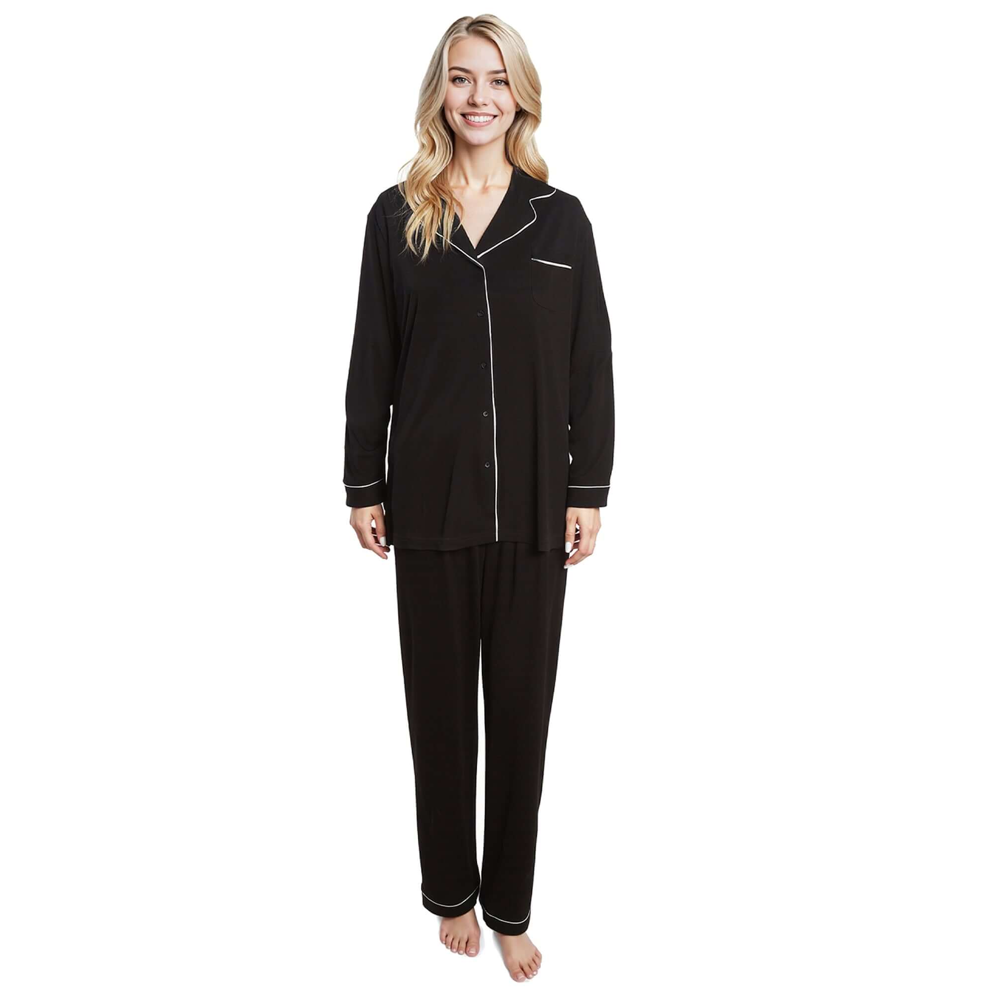 Daisy Dreamer Women's Black Pyjama Set Soft Touch Long Sleeve Button Up Top And Bottoms