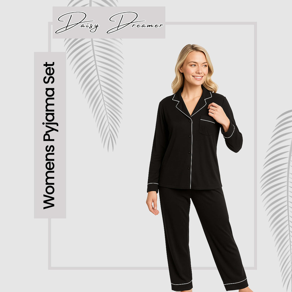 Daisy Dreamer Women's Black Pyjama Set Soft Touch Long Sleeve Button Up Top And Bottoms