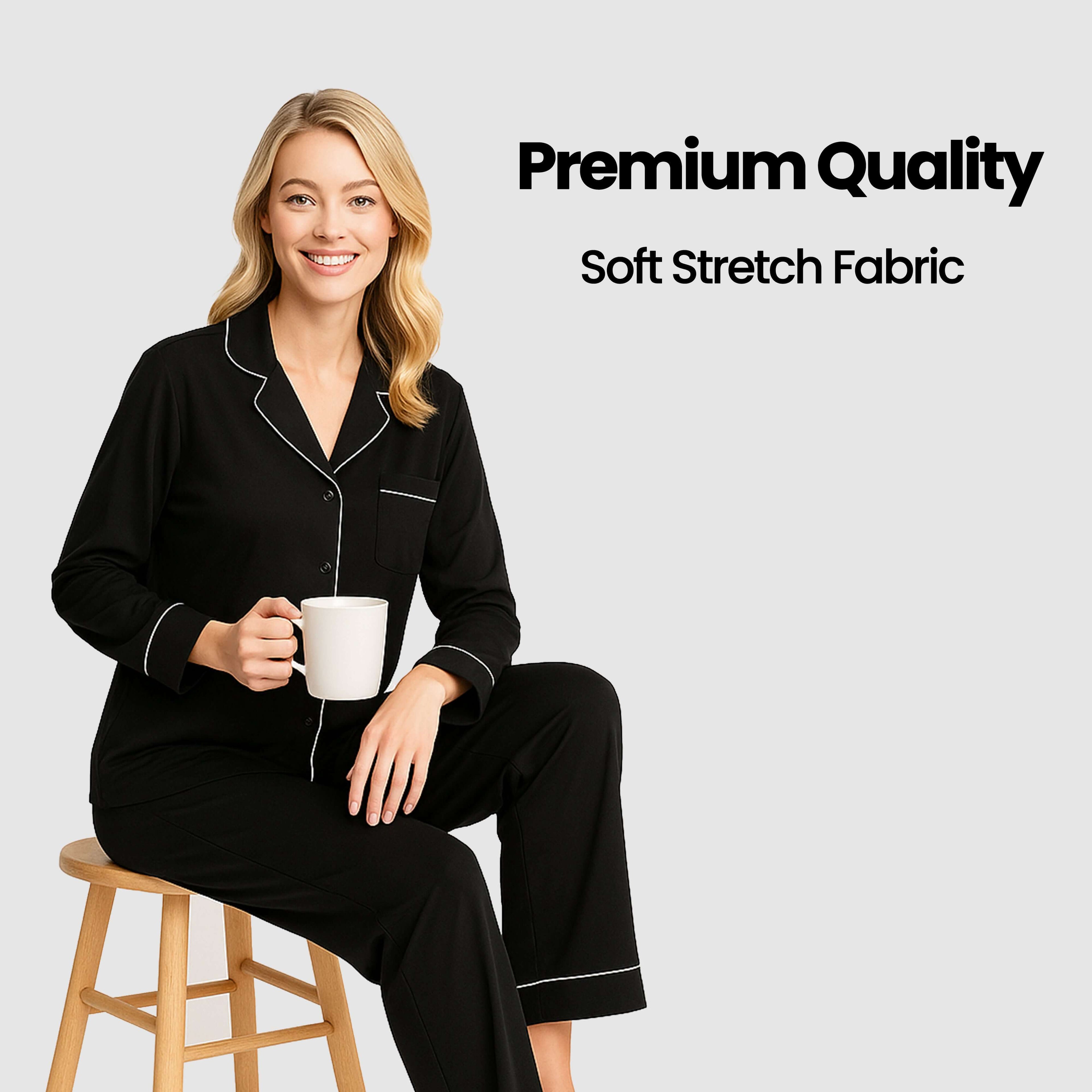 Daisy Dreamer Women's Black Pyjama Set Soft Touch Long Sleeve Button Up Top And Bottoms